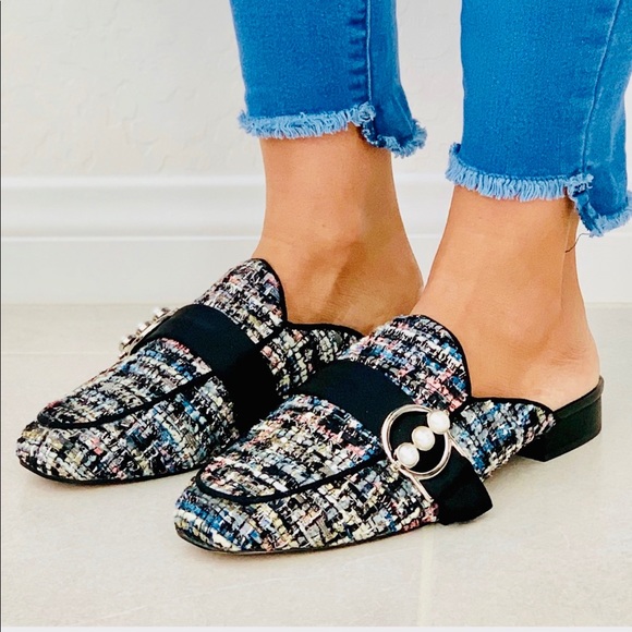 Shopbop Shoes - Tweed Pearl Buckle Closed Toe Flat Mule Slides